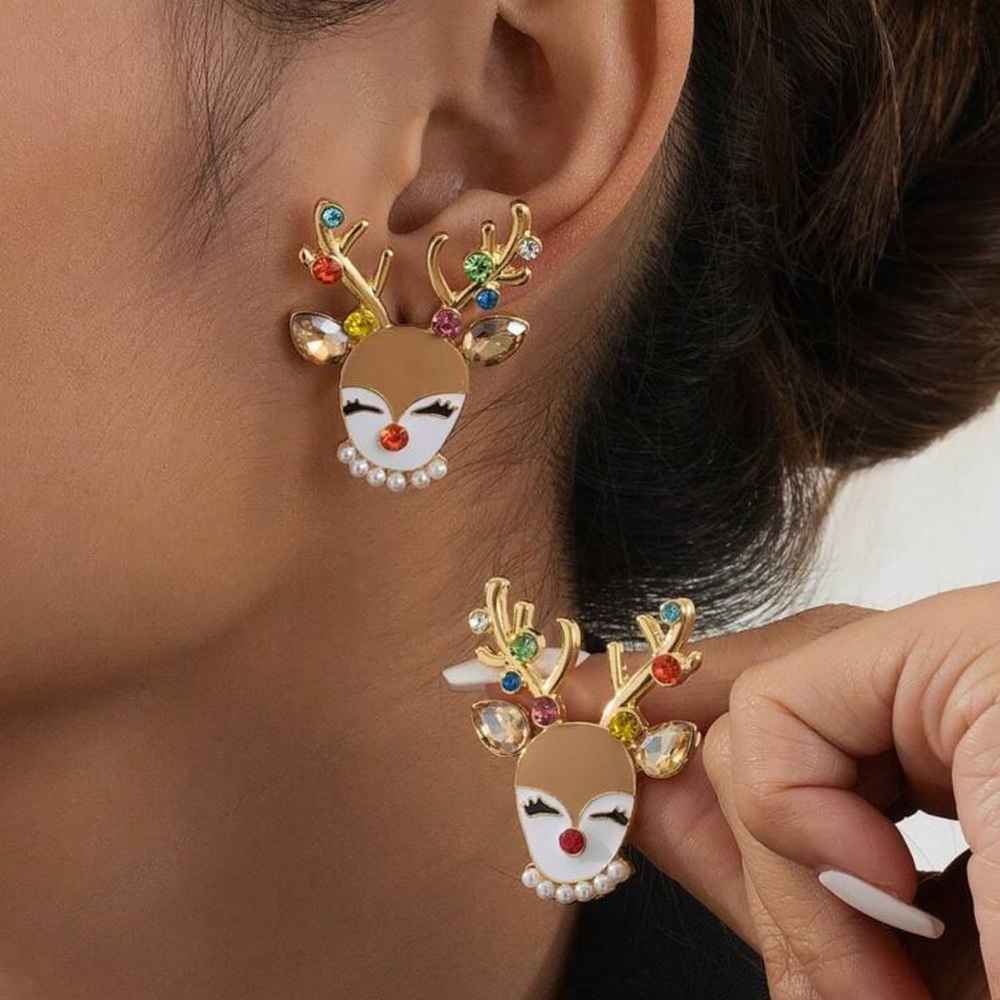 Luxury Christmas Reindeer Head Glass Earrings, Delicate Design Deer Earrings